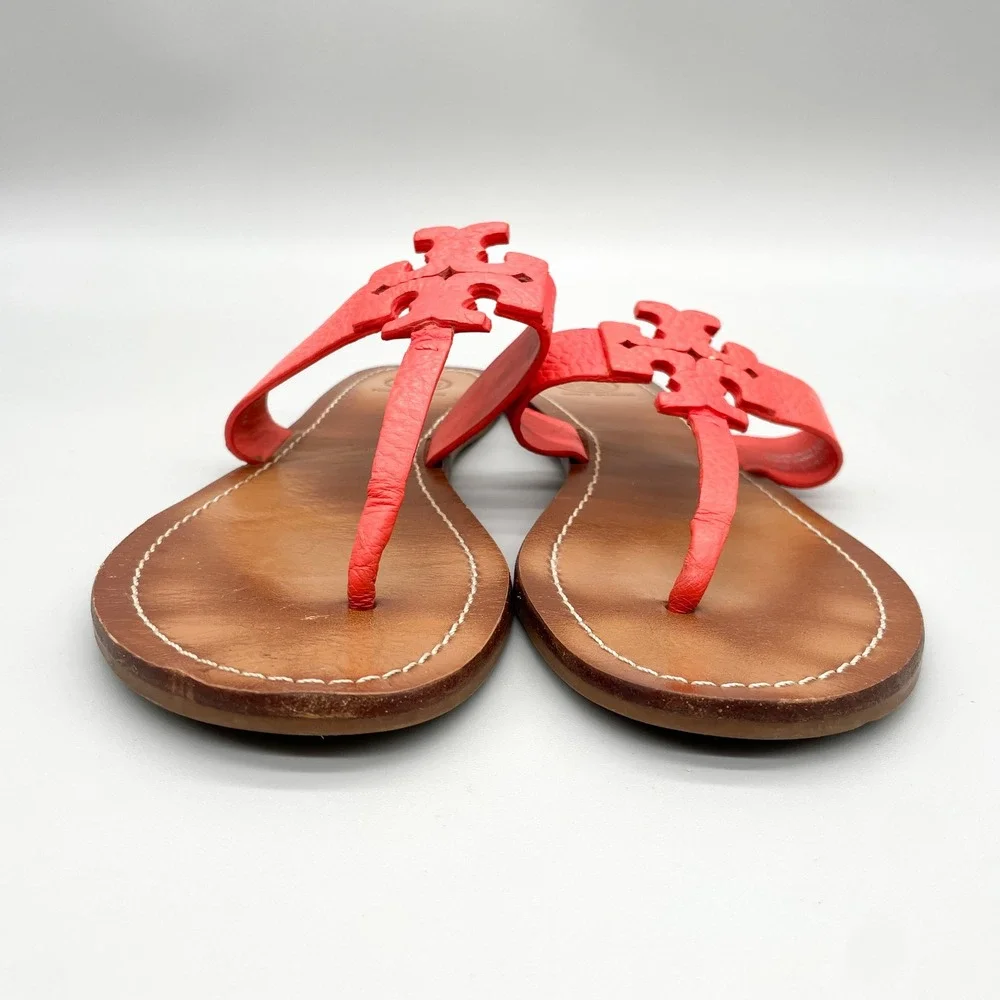 Tory Burch Moore Sandals Womens 10M Poppy Red Leather Logo Thong Flats Preppy